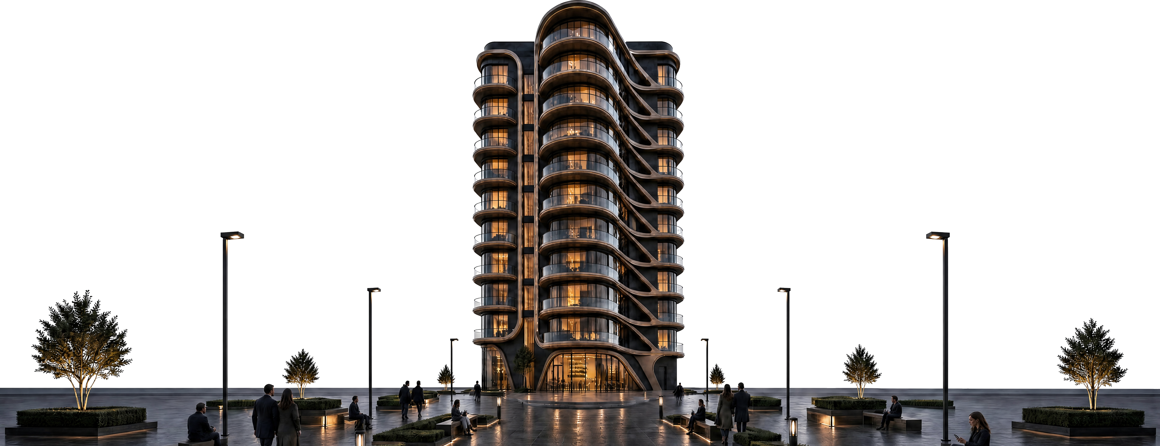 Black Lion Property tower and landscaped plaza at dusk