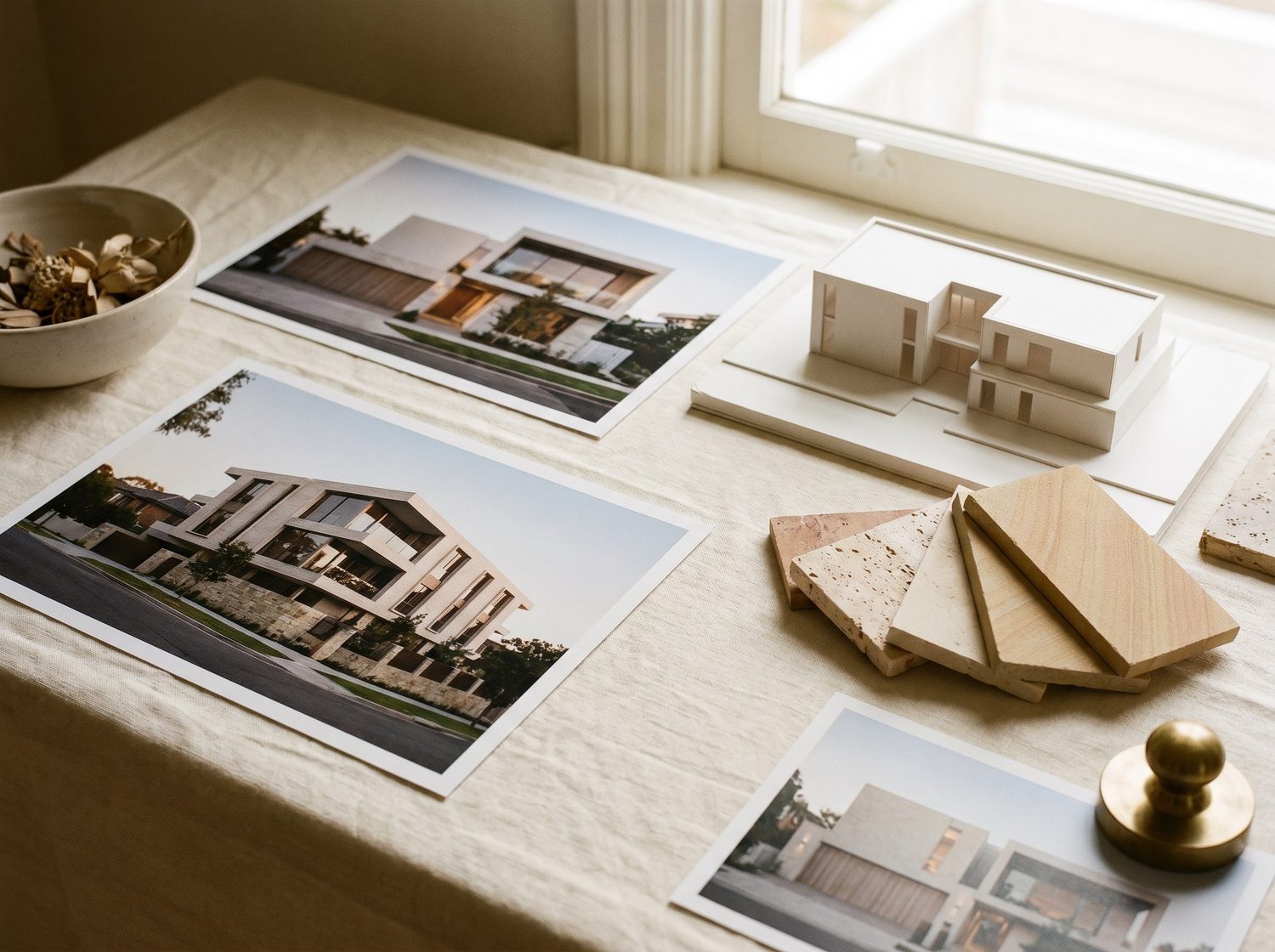 Black Lion Property portfolio: printed project photographs, an architectural model and material samples