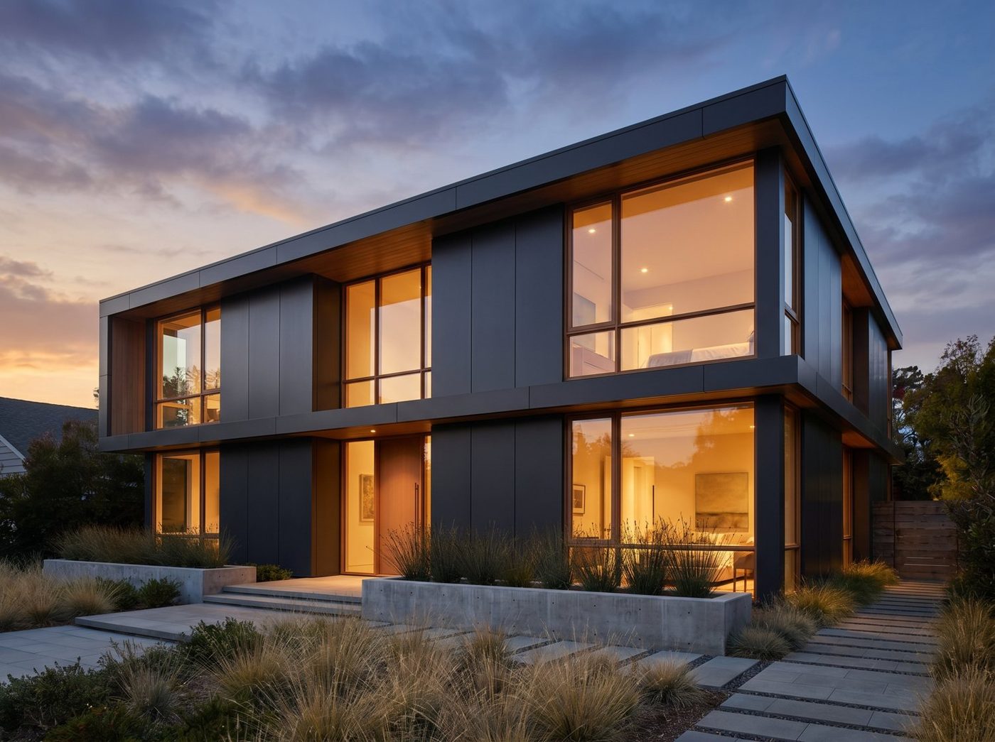Modern luxury residential facade at dusk