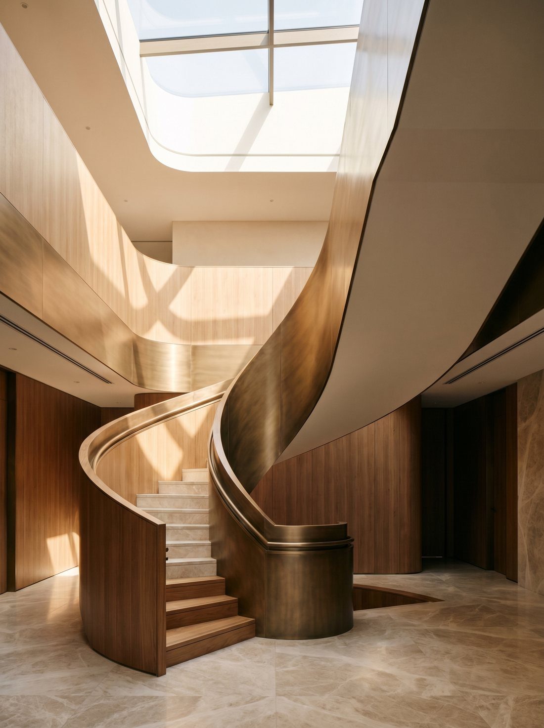 Sculptural atrium staircase in a luxury development