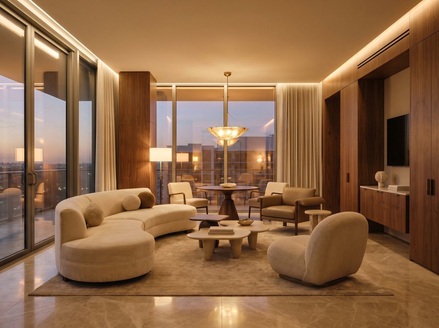 Luxury living interior at dusk