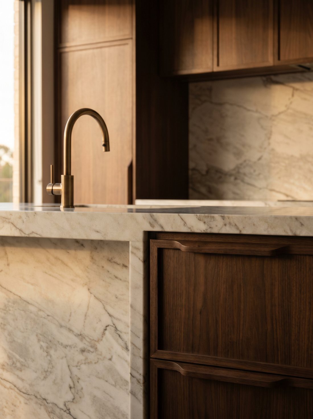 Marble and walnut kitchen detail